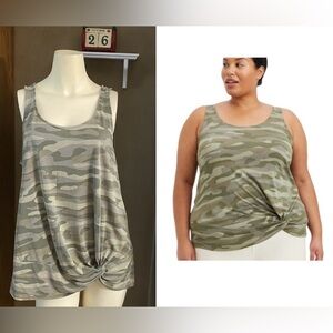 Torrid 1( 1X) Knot Tank Cupro Camo Green Army Scoop Wide Strap Sleeveless